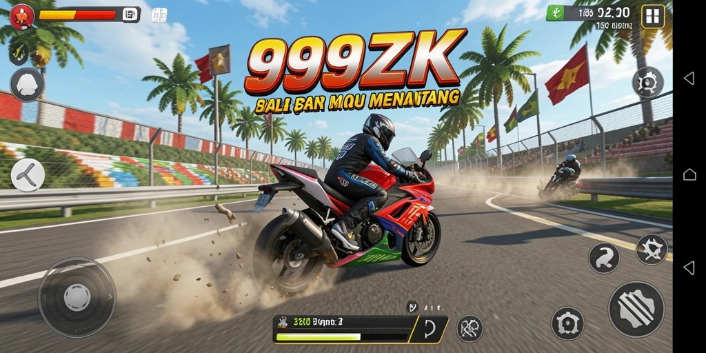 Screenshot gameplay 999ZK menampilkan balapan motor yang mendebarkan.