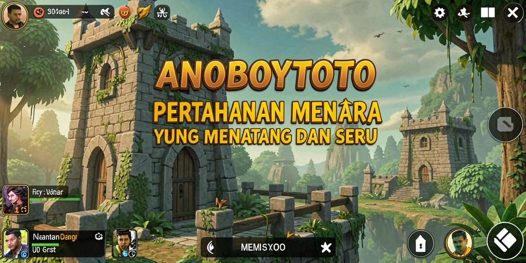 Screenshot gameplay ANOBOYTOTO dengan tampilan menara pertahanan yang epik.