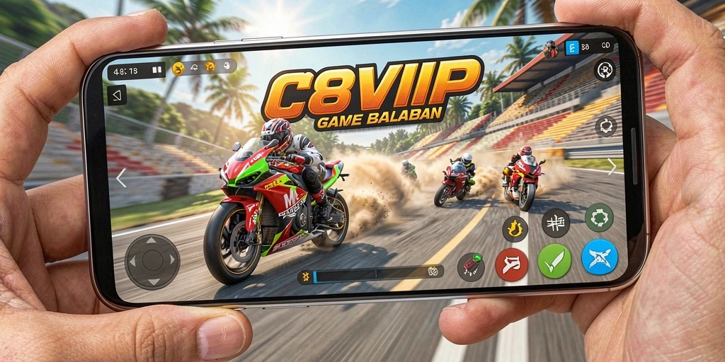 Tampilan gameplay balapan motor yang mendebarkan di C8VIP.