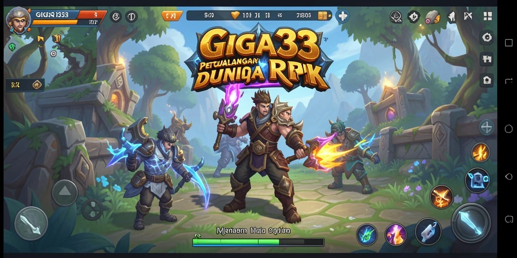 Screenshot GIGA33 menampilkan aksi pertarungan epik dalam gameplay RPG.