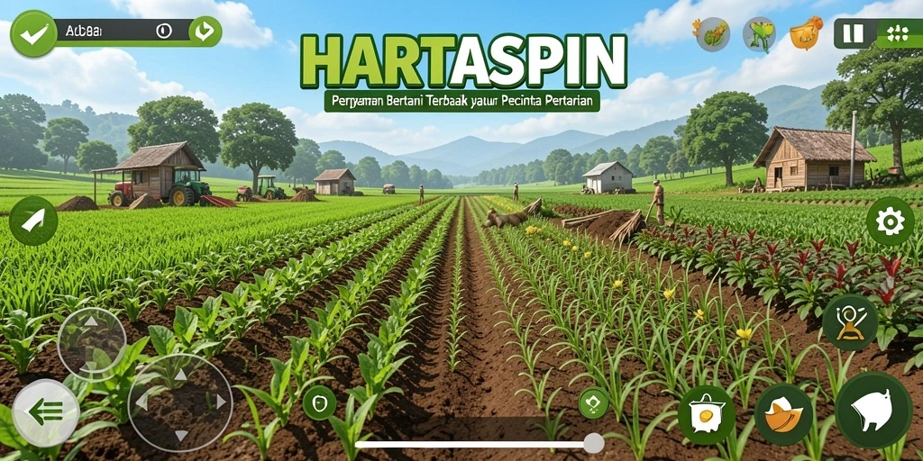 Screenshot utama HARTASPIN menampilkan pemandangan ladang yang subur dan tanaman siap panen.