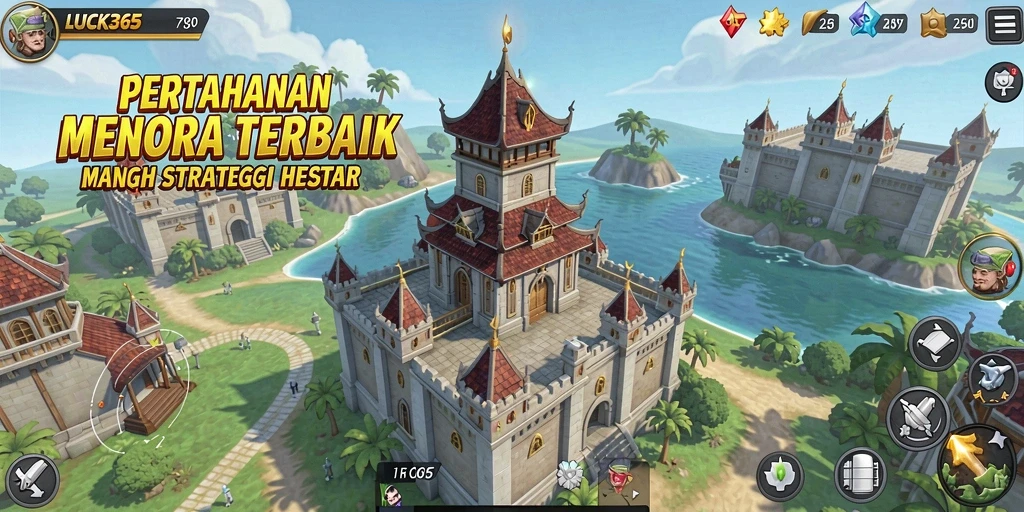 Tangkapan layar dari gameplay LUCK365 menampilkan menara dan musuh yang beragam.
