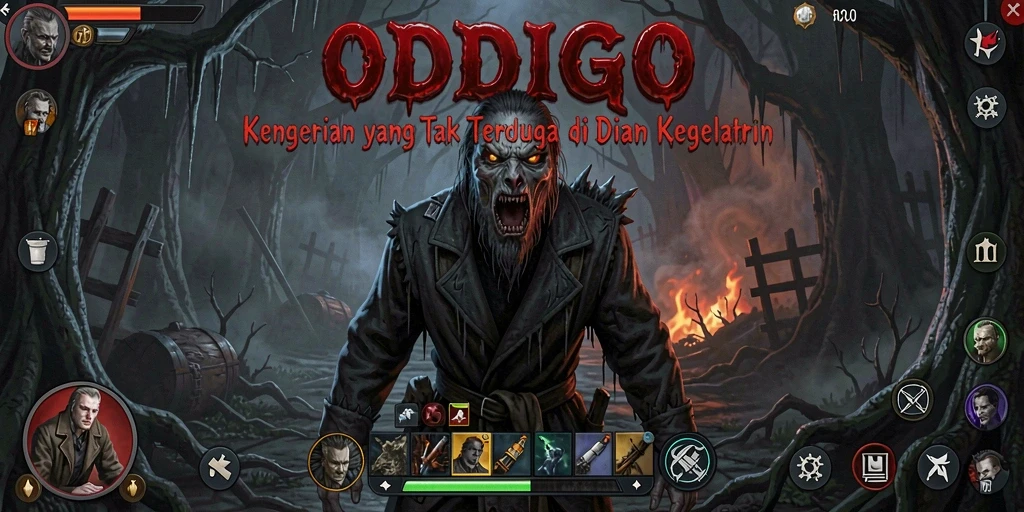 Gameplay ODDIGO menampilkan suasana mencekam dan efek visual yang menakutkan.