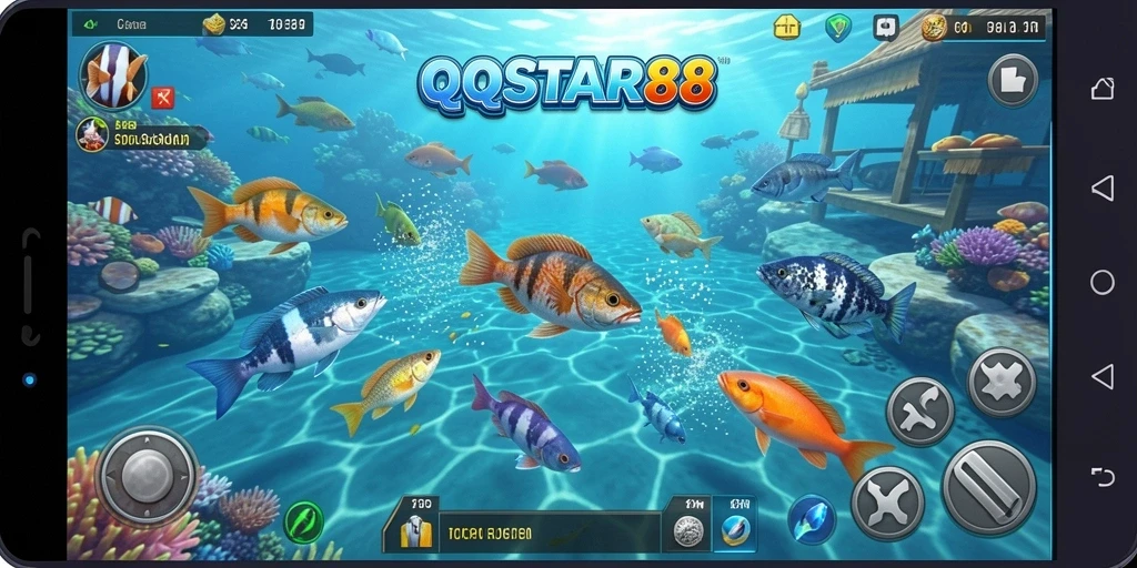 Screenshot gameplay QQSTAR88 menampilkan aksi menembak ikan yang seru.