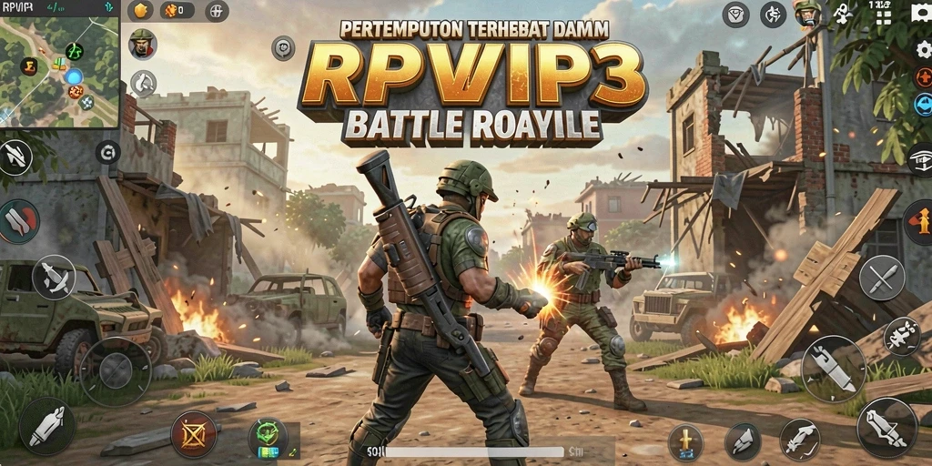 Tangkapan layar utama RPVIP3 menampilkan aksi seru dalam Battle Royale.
