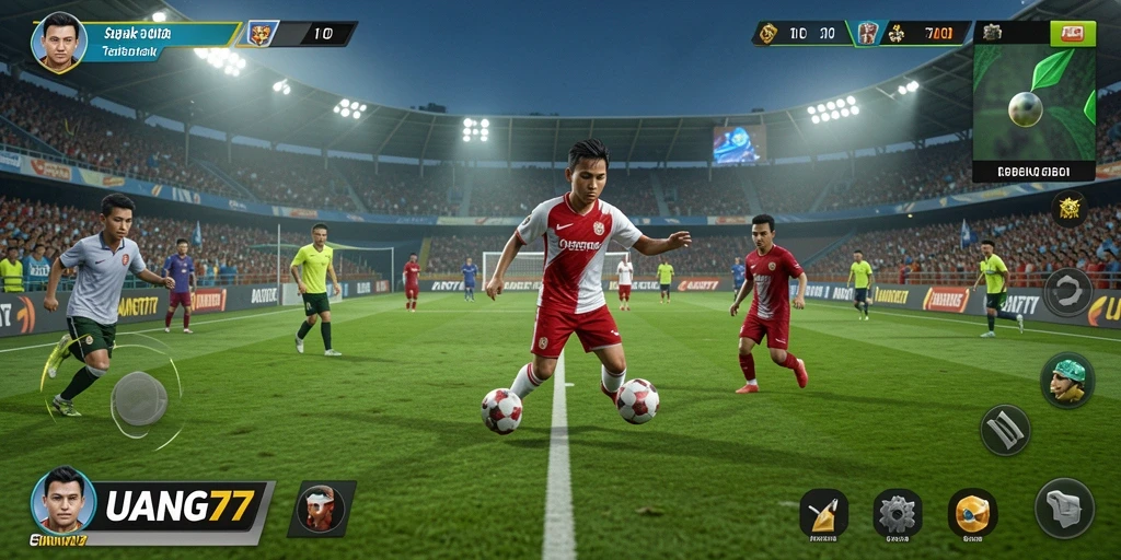 Screenshot tampilan gameplay UANG77 dengan aksi sepak bola yang mendebarkan.