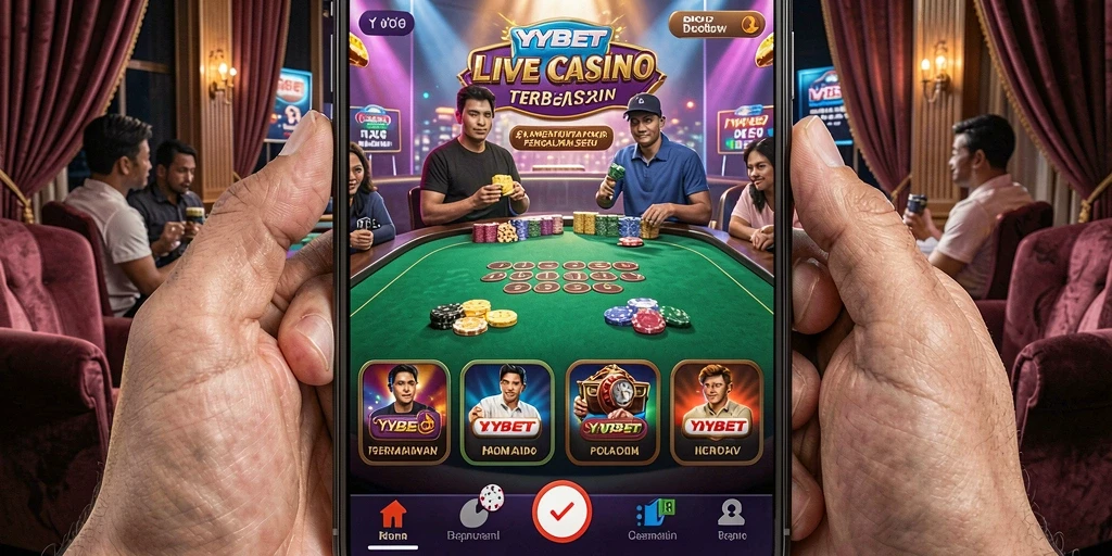 Screenshot utama YYBET menampilkan dealer live dan papan permainan.